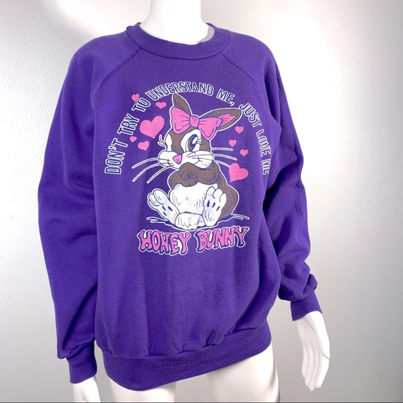 Vintage 80s 90s style rabbit bunny purple sweatshirt retro Honey Bunny - Picture 2 of 12